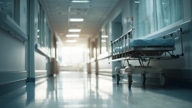 Hospital hallway showcasing an empty stretcher in the early morning light highlighting emergency readiness and care