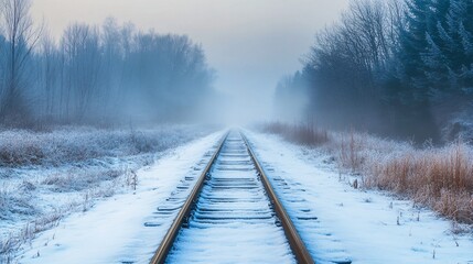 Railroad Tracks Disappearing into the Foggy Winter Landscape, Cold and Serene