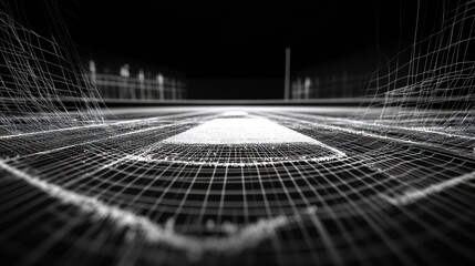 Abstract grayscale image depicting a wireframe rendering of a road or path, possibly a baseball field's pitcher's mound, vanishing into a dark background; 
