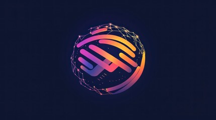 Abstract logo featuring a stylized letterform within a glowing, interconnected network sphere on a dark background. The design is vibrant, using a gradient of warm colors