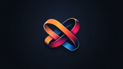 Abstract logo design featuring two intertwined, 3D, gradient ribbons in red, orange, and blue hues against a dark background, creating a sense of connection and infinity