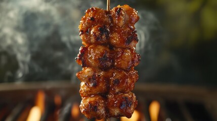 Close-up of a glistening, glazed meat skewer with smoke rising from below, set against a blurred backdrop of glowing grill embers