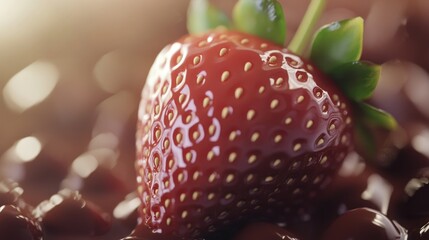 Close-up of a glistening, ripe strawberry partially submerged in rich, dark chocolate, illuminated by warm, soft light, with a shallow depth of field emphasizing texture and detail