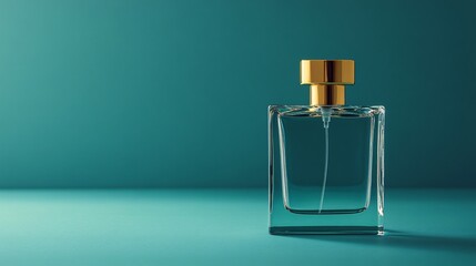 Elegant clear glass perfume bottle with gold cap on teal background
