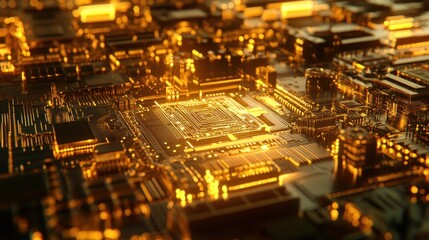 Close-up of a golden, intricate circuit board with a central processor glowing warmly, showcasing complex technological detail and a luxurious aesthetic