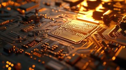 Close-up of a golden-hued circuit board, intricate pathways and a central processor illuminated with warm light, showcasing technological complexity