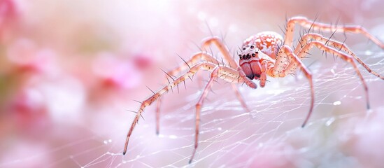 Close-up of a light orange spider on its web, with a blurred pink floral background