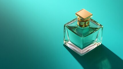 Perfume bottle with gold cap on turquoise background, luxury fragrance