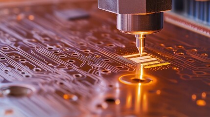Close-up of a precision robotic arm delicately placing a microchip onto a circuit board, illuminated by a warm, focused light