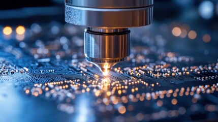 Close-up of a precision machine performing laser etching on a circuit board; glowing light accents the intricate process