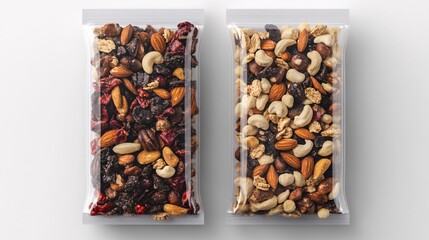 Two clear bags of mixed nuts and dried fruit, healthy snack options