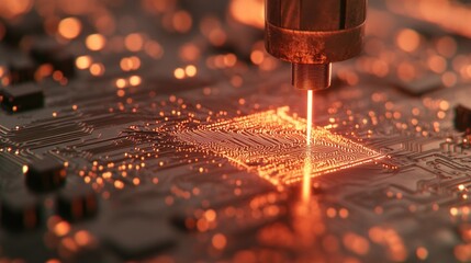 Close-up of a precision tool delicately soldering a circuit board, emitting a warm, orange glow, against a bokeh background