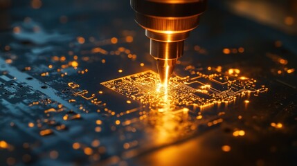 Close-up of a precision tool etching intricate circuitry onto a dark electronic component; sparks and glowing elements illuminate the scene, highlighting the detail and precision of the process