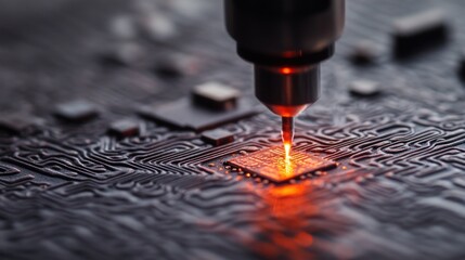 Close-up of a precision tool precisely soldering a microchip onto a circuit board, glowing orange