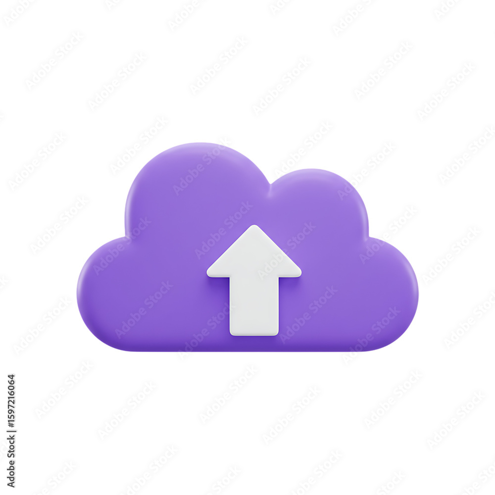Poster purple cloud with white arrow pointing up symbolizing data upload isolated on transparent background