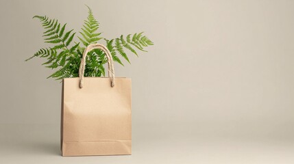 Fern fronds in a brown paper shopping bag, neutral background with copy space.