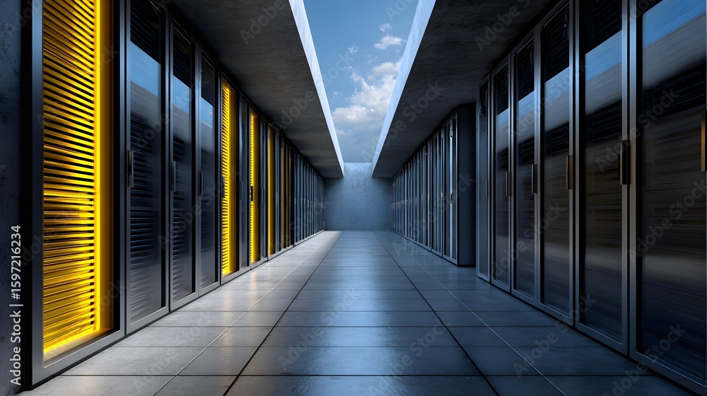 Poster modern data center with illuminated server racks