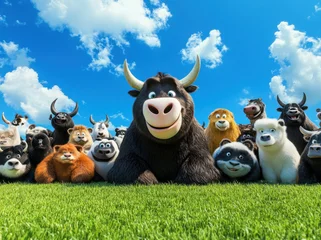  Cute smiling animals sitting on grass under bright blue sky, featuring variety of furry creatures including cows, sheep, and other playful characters. scene radiates joy and friendliness © Tea leaves
