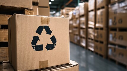 Stacked Cardboard Boxes with Recycle Symbol in a Warehouse Environment