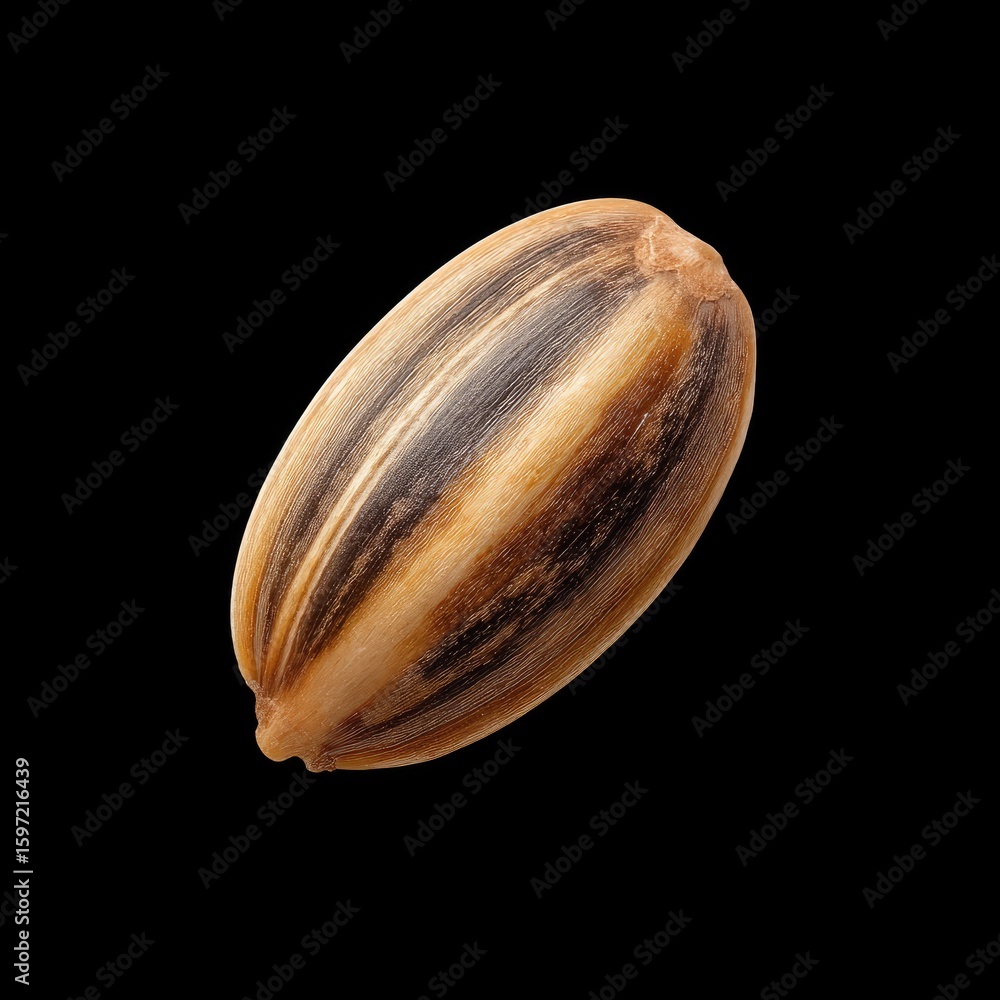 Poster close-up of an isolated single seed with textured surface and natural brown color on black backgroun