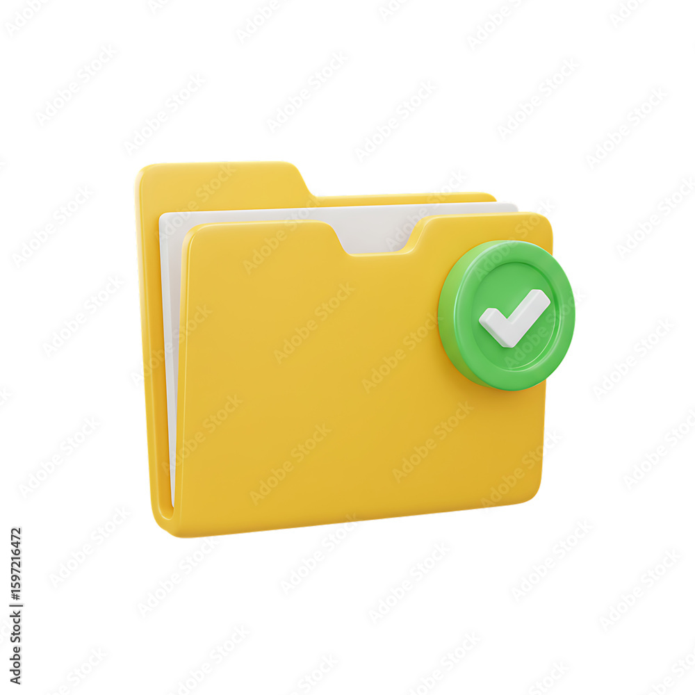 Poster yellow folder with green check mark symbol isolated on transparent background