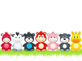 Obraz premium Cute smiling animals sitting on grass, featuring colorful cartoon bears in red, black, white, pink, and yellow. These adorable characters evoke joy and playfulness