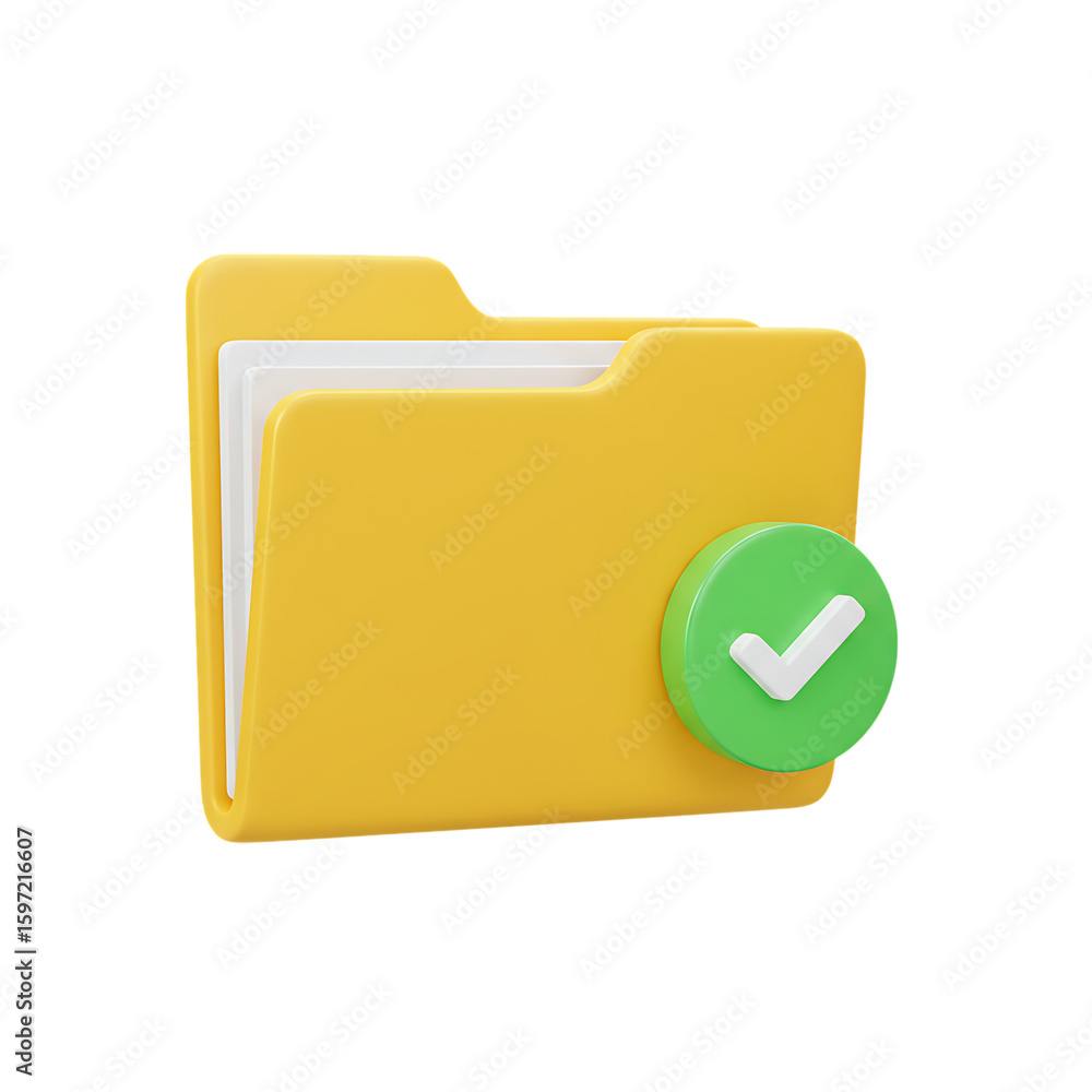 Poster yellow 3d folder icon with green check mark symbol isolated on transparent background