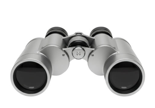 Silver binoculars positioned centrally against a plain background, ideal for outdoor enthusiasts