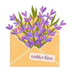 envelope with vibrant lavender flowers, perfect for romantic, spring or flower shop designs.