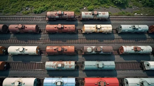 Rusty train cars sit on parallel tracks, showcasing industrial decay from above view