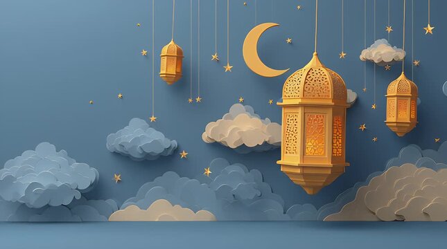 Papercut night scene with hanging lanterns, moon, and stars