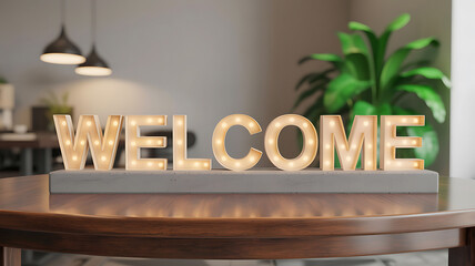 Illuminated welcome sign with marquee lights on wooden table
