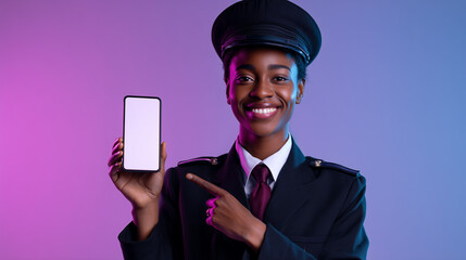 Smiling black female train driver pointing at a smartphone with a blank screen. Perfect for app mockups, transportation tech, or promotional content in modern travel settings.