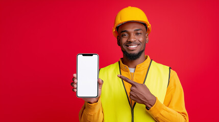 Smiling black male construction worker pointing at a smartphone with a blank screen. Perfect for app mockups, construction tech, or service promotions in industrial settings.