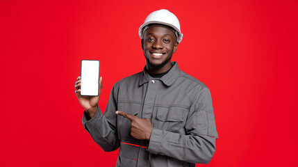 Smiling dark-skinned mechanic pointing at a smartphone with a blank screen. Perfect for app mockups, auto service promotions, or mobile tech in the automotive industry.
