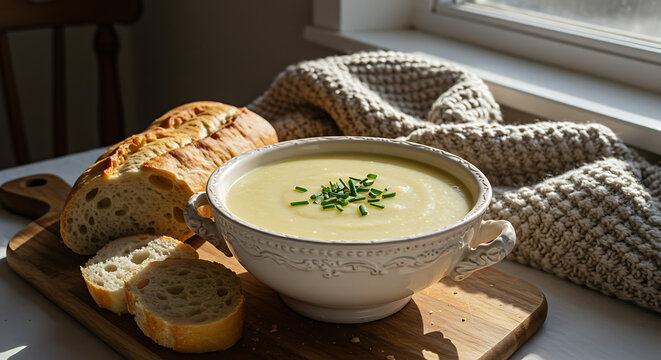 Warm and creamy winter soup served in a cozy ceramic bowl with crusty artisan bread on the side, evoking comfort, rustic charm, and seasonal coziness in a homely setting

