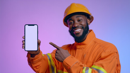 Smiling black firefighter pointing at a smartphone with a blank screen. Ideal for app mockups, emergency tech promotions, or public safety campaign visuals with a friendly tone.