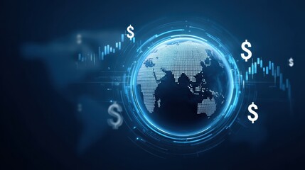 Obraz premium Global trade small business. Global financial concept with currency symbols and a digital world map theme.
