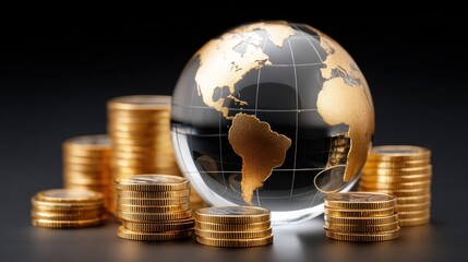 Global trade small business. Globe with golden continents surrounded by stacks of coins on a dark background.