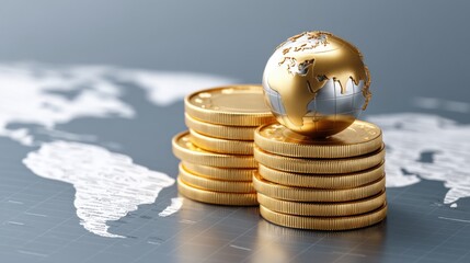 Global trade small business. Globe on coins representing global finance and investment concepts.