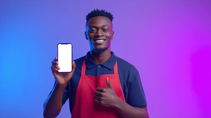 Smiling dark-skinned male cashier pointing at a smartphone with a blank screen. Ideal for mobile payment, app mockups, retail tech, and friendly customer service concepts.