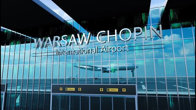 Airlane landing at Warsaw Chopin. Arrival in the city with reflection of airport and aircraft