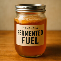 A glass jar of kombucha labeled fermented fuel sits on a wooden table highlighting its health benefits and natural ingredients