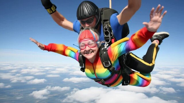 Joyful Tandem Skydive: Senior Woman Embracing Adventure