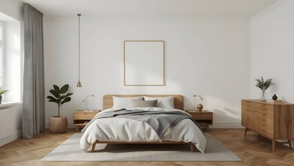Modern Scandinavian Bedroom Interior: Minimalist Light Wood Furniture, Neutral Tones, and Natural Light.