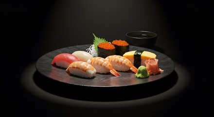 Elegant sushi and sashimi platter artfully arranged with soy sauce and wasabi on a dark background, highlighted by dramatic lighting, showcasing authentic Japanese cuisine and fine culinary presentati