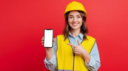 Smiling female construction worker pointing at a smartphone with a blank screen. Ideal for app mockups, mobile tools, or tech use in industrial and construction settings.