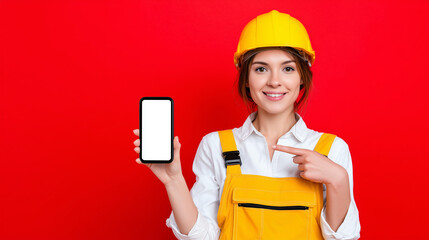Smiling female construction worker pointing at a smartphone with a blank screen. Ideal for app mockups, mobile tools, or tech use in industrial and construction settings.