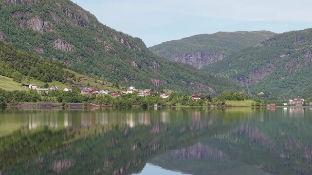 Nesheim Village By Granvinsvatnet Lake In Daytime Near Granvin In Voss, Vestland, Norway. - aerial shot