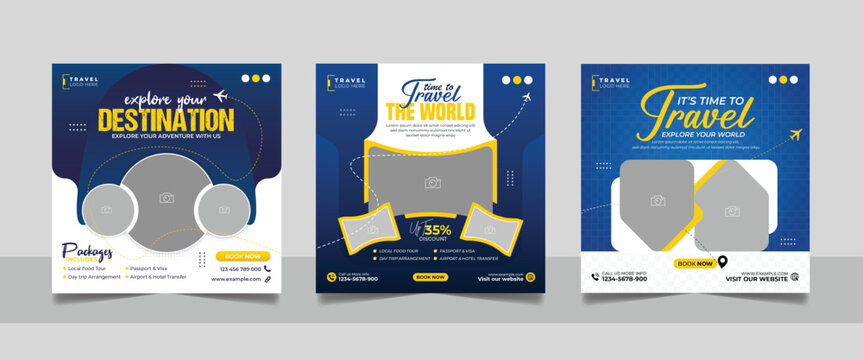 Travel agency tour packages social media post set holiday vacation trip square web banner template  travelling business bundle design